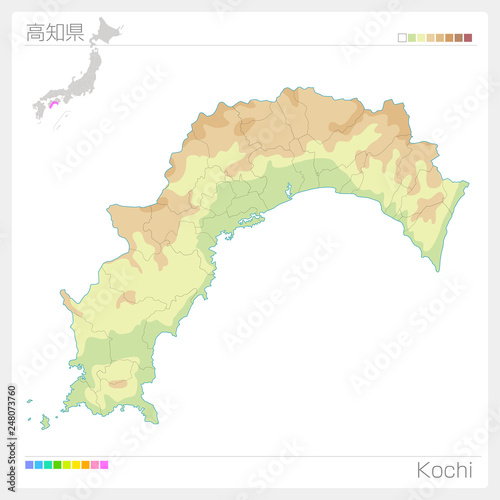 高知県の地図（等高線・色分け）