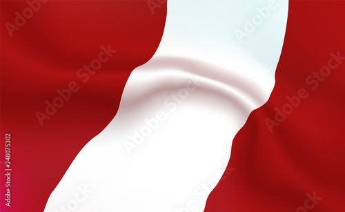 Background Republic of Peru flag in folds. Peruvian banner. Pennant with stripes concept up close, standard. South America illustration. Realistic soft shadows. Vector eps10