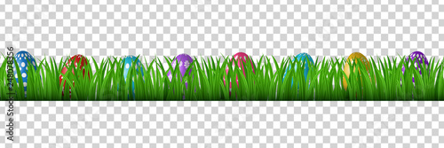 Vector realistic isolated easter eggs in grass border for template decoration and covering on the transparent background. Concept of Happy Easter.