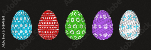 Vector set of realistic isolated easter eggs with embroidery design for template decoration and covering on the dark background. Concept of Happy Easter.