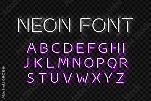 Vector realistic isolated neon sign of Alphabet Font letters with purple color for template decoration and layout covering on the transparent background.