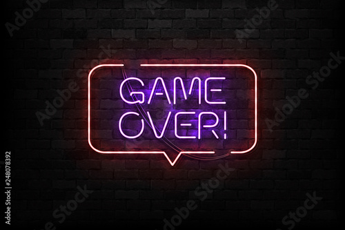 Vector realistic isolated neon sign of Game Over logo for template decoration and covering on the wall background. Concept of gaming.