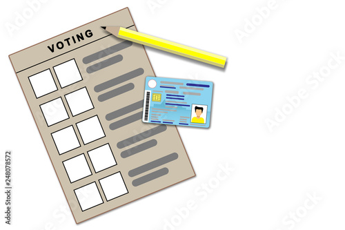 Graphic voting is brown paper, yellow pencil and IDcard on white background. Voting card for something and space for text.
