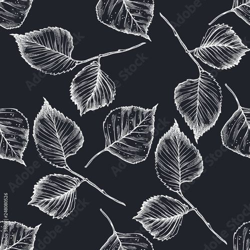 Seamless pattern with hand drawn chalk birch