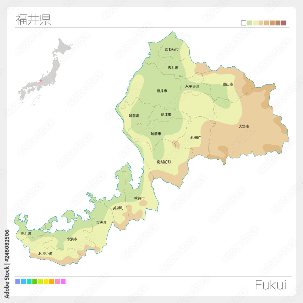 Obraz premium 福井県の地図（等高線・色分け・市町村・区分け）
