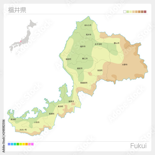 福井県の地図（等高線・色分け・市町村・区分け）