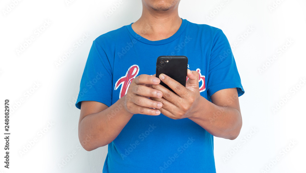 Close up of a man using mobile smart phone on white background. Close up of a man using mobile smart phone on white background.