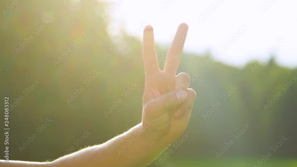 SLOW MOTION, CLOSE UP, LENS FLARE, DOF: Bright golden sunbeams shine on male hand and showing the peace sign. Unrecognizable young man shows the victory sign to the camera on a sunny summer day.