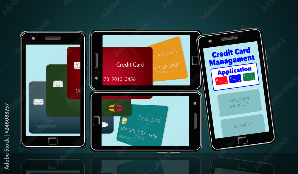 Here is an image about cell phone apps that help you manage and keep track of credit cards and credit card spending. Cards and the application appear on multiple phones.