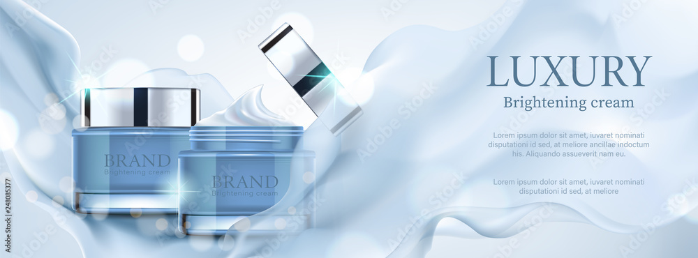 Luxury banner cosmetic ads, exquisite container with purple satin on bokeh background, vector illustration.
