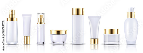 Set gold cosmetic bottles packaging mockup, ready for your design, vector illustration.