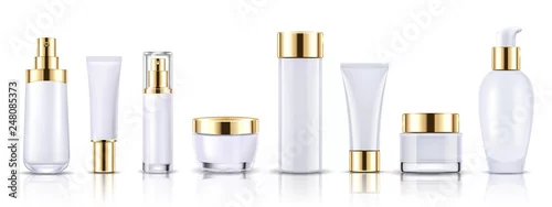 Obraz Set gold cosmetic bottles packaging mockup, ready for your design, vector illustration.