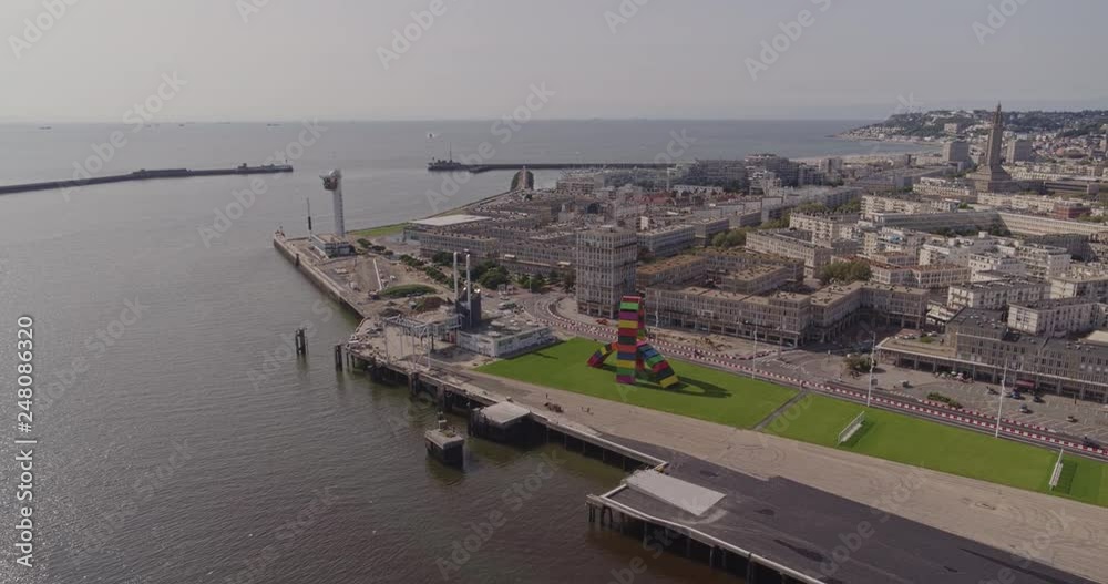 Le Havre France Aerial v9 Flying toward Channel panning around looking back toward Bassin 8/18