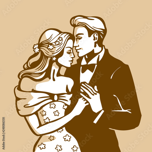Happy couple in love - groom and bride. Vector graphic illustration. Portrait close up of two people - beautiful young woman and handsome man together. Concept of romantic relationship. 
