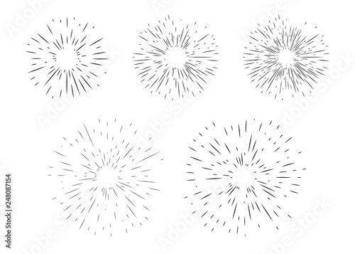 Starburst, sunburst, abstract explosion, fireworks of geometric random lines. Vector black design elements isolated on light background.