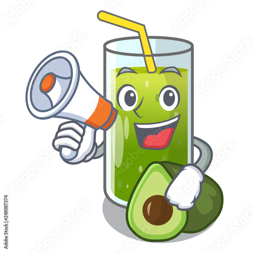 With megaphone avocado smoothies in a mascot glass