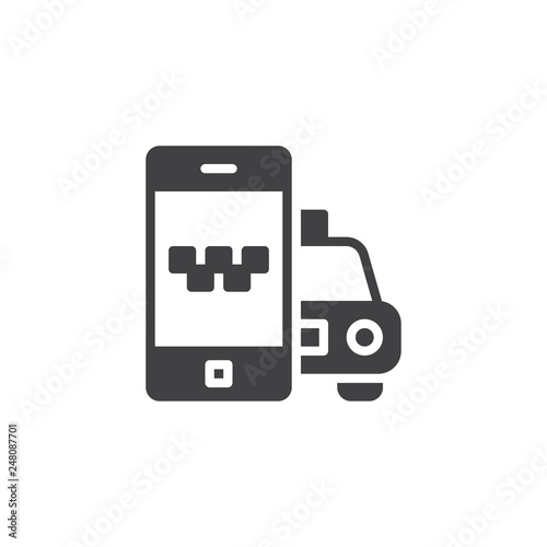 Mobile phone with taxi car vector icon. filled flat sign for mobile concept and web design. Taxi cab ordering app simple solid icon. Symbol, logo illustration. Pixel perfect vector graphics
