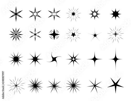 Stars sparkle on a white isolated background. Different shapes and kinds for your design. Asterisks silhouette, flat style. Vector illustration.