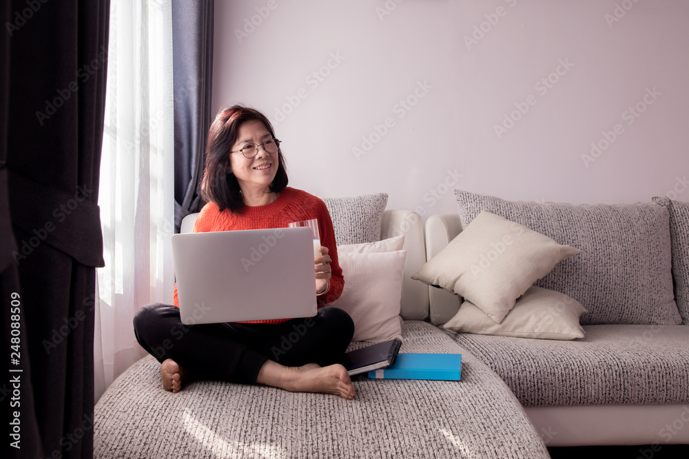Beautiful girl at home sitting on the couch, using laptop and drinking some milk. Beautiful girl at home sitting on the couch, using laptop and drinking some milk.
