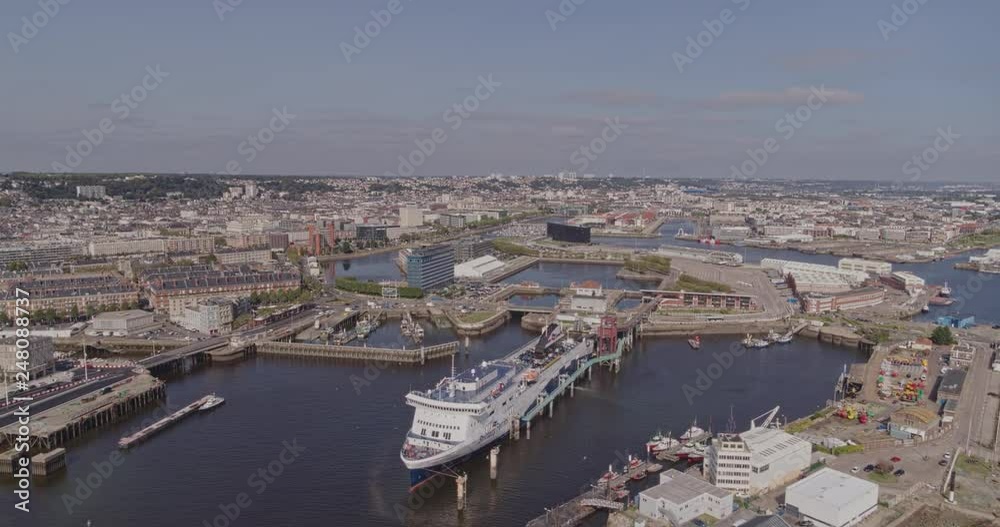 Le Havre France Aerial v11 Flying over looking around industrial port with cityscape views 8/18