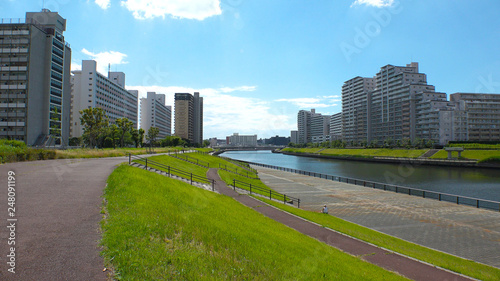 OJI, TOKYO, JAPAN - CIRCA JUNE 2018 : Scenery of RESIDENTIAL APARTMENT AREA in Oji area. This area is famous for HUGE APARTMENT BUILDINGS in Tokyo.