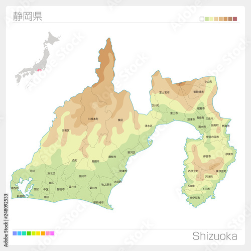 静岡県の地図（等高線・色分け・市町村・区分け）