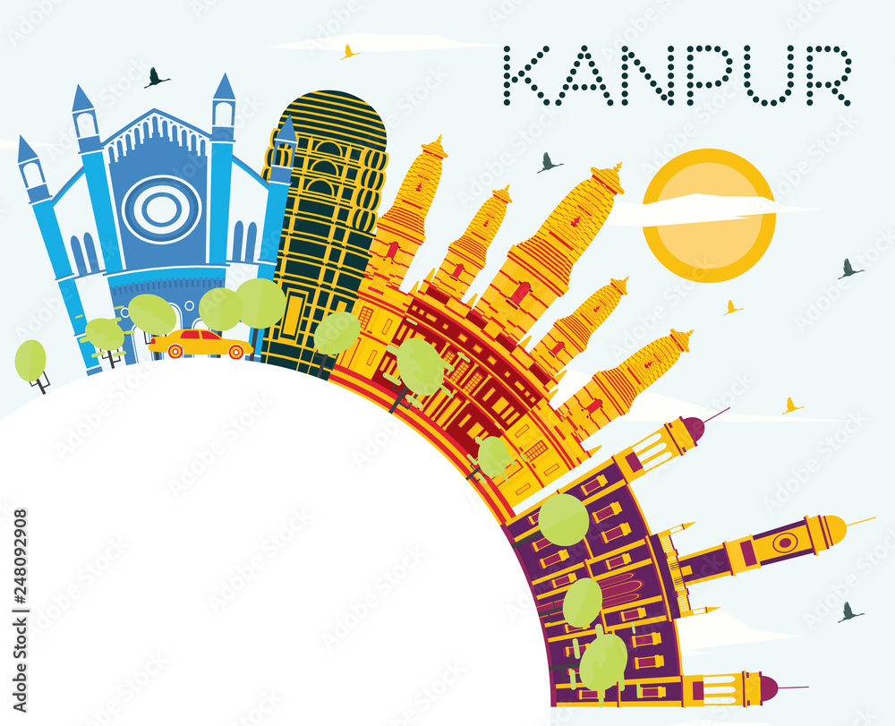 Kanpur India City Skyline with Color Buildings, Blue Sky and Copy Space.