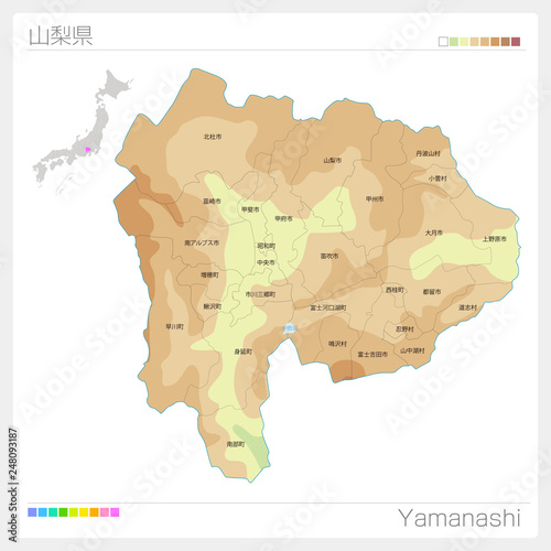 山梨県の地図（等高線・色分け・市町村・区分け）