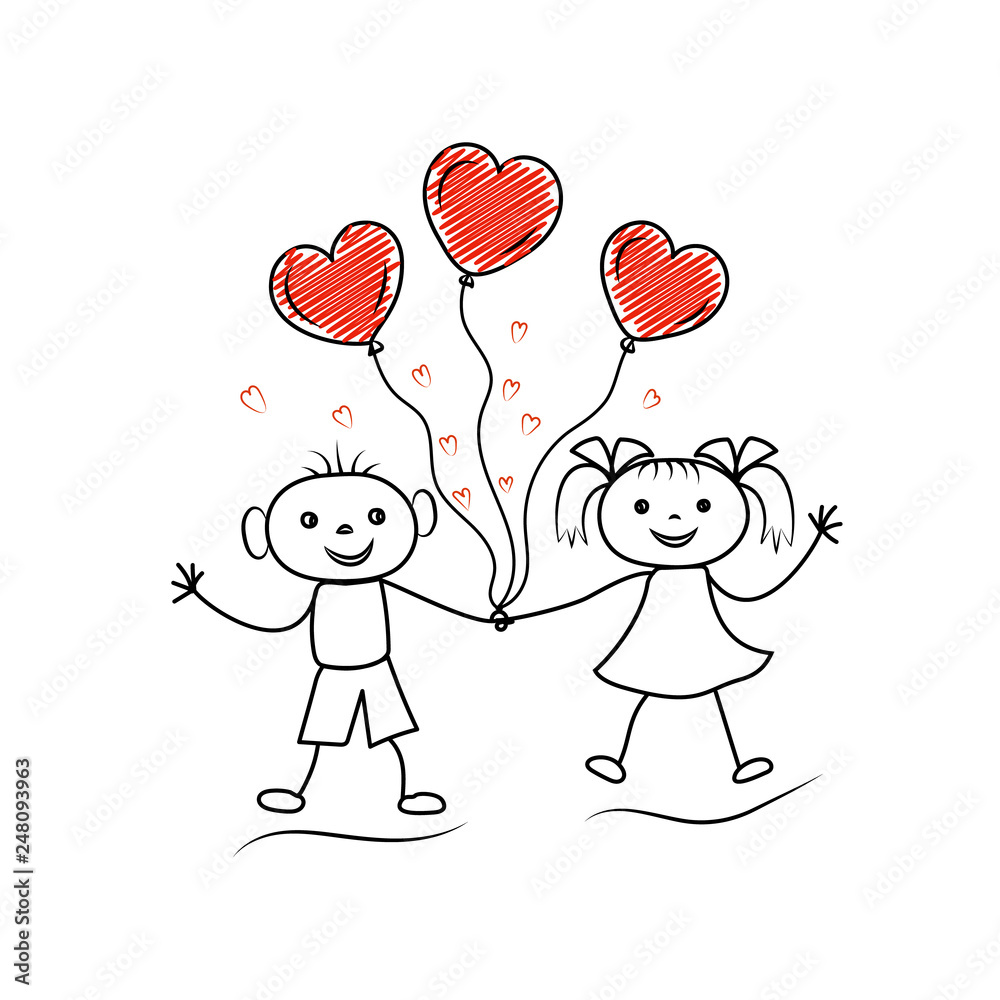 Stickman characters holding hands with doodle heart shaped ballons. Couple in love Stickman characters holding hands with doodle heart shaped ballons. Couple in love