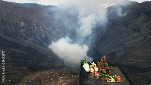 Crater Bromo and Ganesha altar with offerings in East Java.