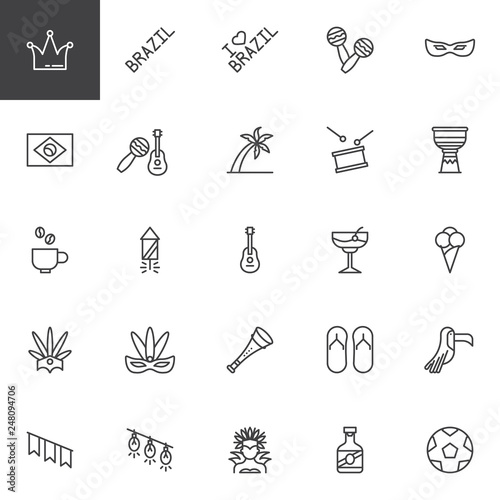 Brazilian Carnival line icons set. linear style symbols collection, outline signs pack. vector graphics. Set includes icons as Flag of Brazil, Buffon, Mask, Christ redeemer, Drum, Headdress costume 