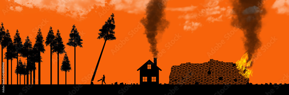 Clear cutting forests, use or abuse of natural resources is the topic of  this illustration. Silhouetted trees, one being cut down are pictured next  to numerous tree stumps. Stock-Illustration | Adobe Stock
