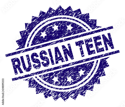 RUSSIAN TEEN stamp seal watermark with distress style. Blue vector rubber print of RUSSIAN TEEN title with corroded texture.