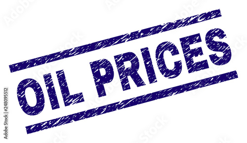 OIL PRICES seal print with distress style. Blue vector rubber print of OIL PRICES label with retro texture. Text caption is placed between parallel lines.