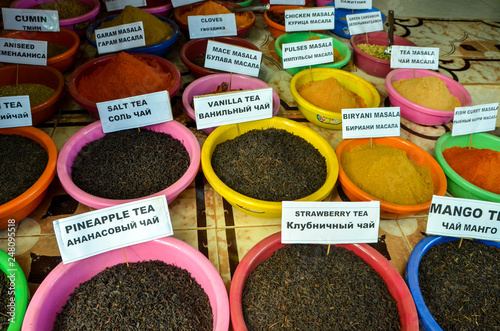 Variety of spices and herbs, beautiful colors in spices
