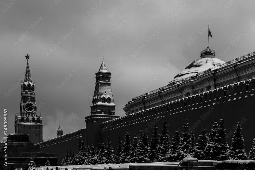 Moscow. Russia. January 4, 2019. The Kremlin. Spasskaya Tower. Lenin's Mausoleum.