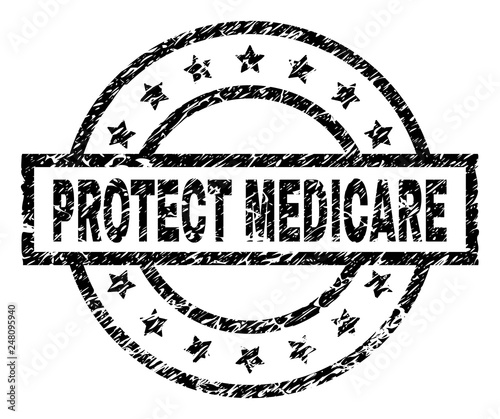 PROTECT MEDICARE stamp seal watermark with distress style. Designed with rectangle, circles and stars. Black vector rubber print of PROTECT MEDICARE label with unclean texture.