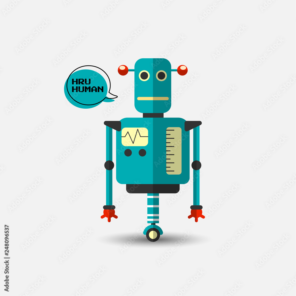 Retro vintage funny vector robot icon in flat style isolated on grey  background. Vector vintage illustration of flat Chatbot icon. Customer  support service chat bot. Cute cartoon retro robot icon Stock Vector