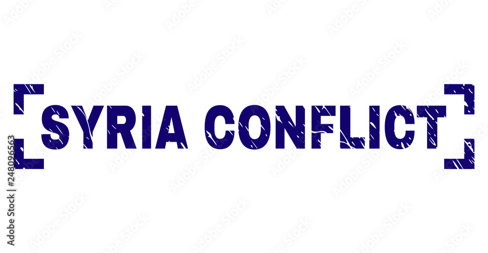 SYRIA CONFLICT caption seal print with corroded effect. Text caption is placed between corners. Blue vector rubber print of SYRIA CONFLICT with corroded texture.