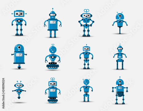Funny vintage funny vector robot set icon in flat style isolated on grey background. Vintage illustration of flat Chatbot icon collection. Set of Cute cartoon retro robot icons, vintage chat bot set
