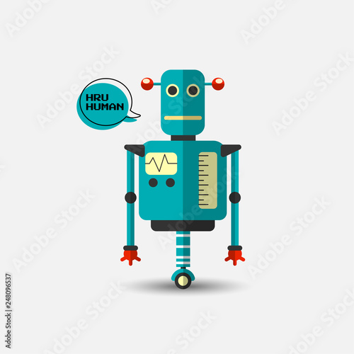 Retro vintage funny vector robot icon in flat style isolated on grey background. Vector vintage illustration of flat Chatbot icon. Customer support service chat bot. Cute cartoon retro robot icon