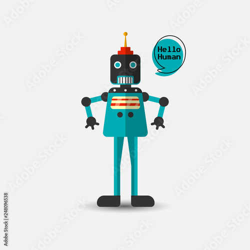 Retro vintage funny vector robot icon in flat style isolated on grey background. Vector vintage illustration of flat Chatbot icon. Customer support service chat bot. Cute cartoon retro robot icon