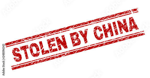 STOLEN BY CHINA seal imprint with corroded texture. Red vector rubber print of STOLEN BY CHINA text with unclean texture. Text title is placed between double parallel lines.