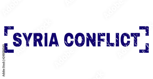 SYRIA CONFLICT caption seal print with corroded effect. Text caption is placed between corners. Blue vector rubber print of SYRIA CONFLICT with corroded texture.