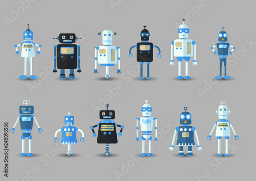 Retro vintage funny vector robot set icon in flat style isolated on grey background. Vintage illustration of flat Chatbot icon collection. Set of Cute cartoon retro robot icons, vintage chat bot set