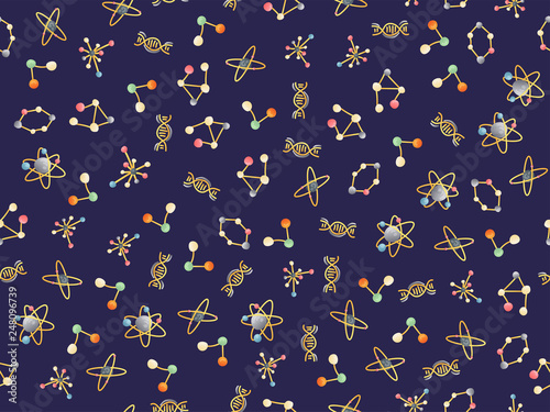 Cute cartoon molecular seamless pattern. DNA molecule, atoms and atomic structure, proton and electron science elements in repeatable seamless pattern, cartoon style. Molecular seamless pattern, atom