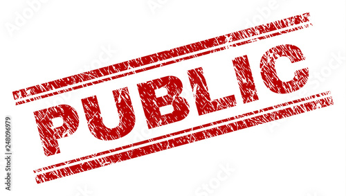 PUBLIC seal print with distress texture. Red vector rubber print of PUBLIC title with scratched texture. Text tag is placed between double parallel lines.