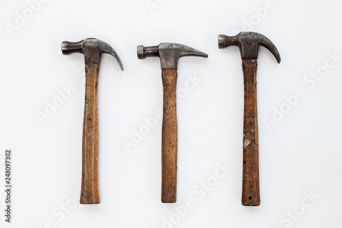 Set of three vintage old hammer tool for carpenter industrial wood working on white background, Isolate set of 3 hammer tool 