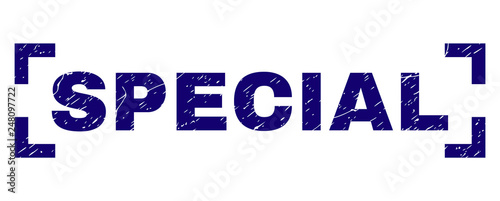 SPECIAL text seal print with distress texture. Text caption is placed between corners. Blue vector rubber print of SPECIAL with scratched texture.