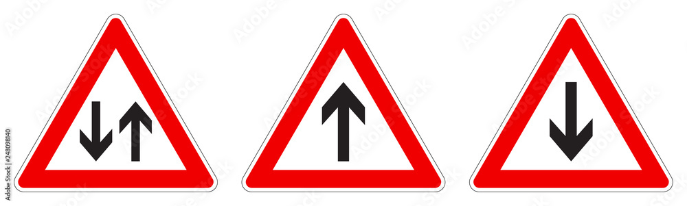 Warning - single/two way traffic sign. Black arrow in red triangle, version with arrow pointing up, down and both ways. Warning - single/two way traffic sign. Black arrow in red triangle, version with arrow pointing up, down and both ways.